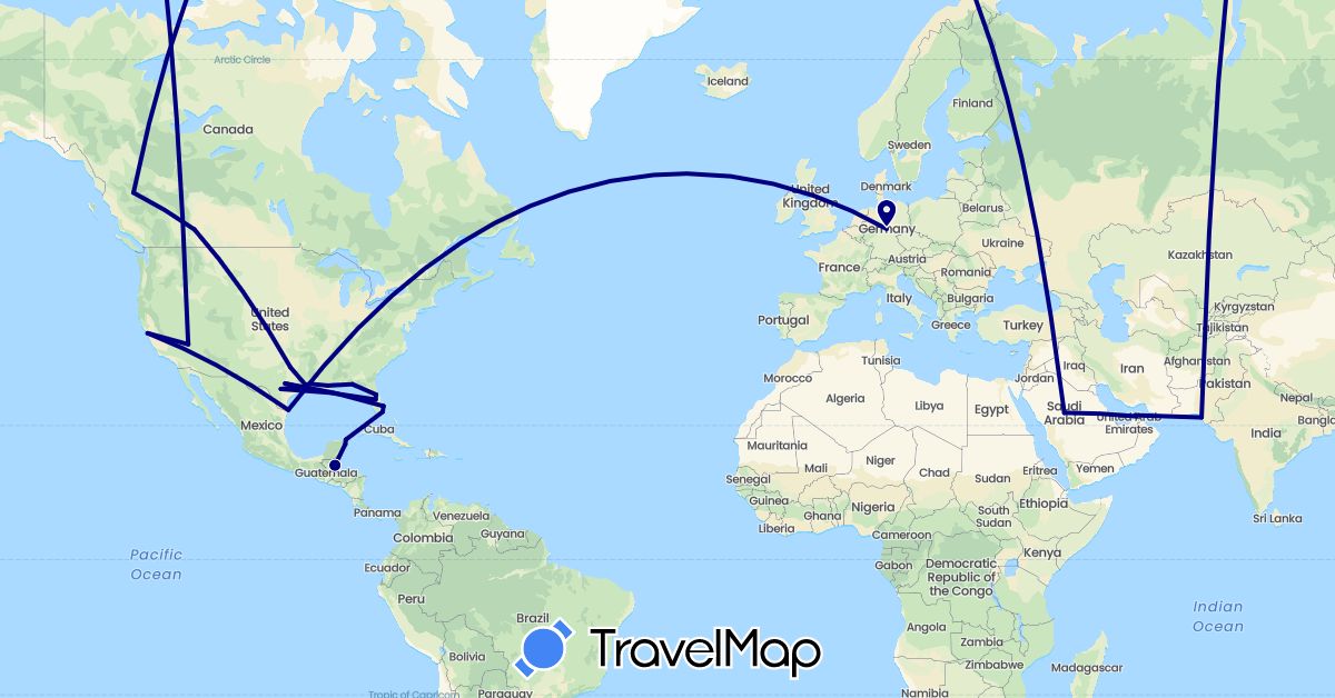 TravelMap itinerary: driving in United Arab Emirates, Belize, Canada, Germany, Mexico, Pakistan, Saudi Arabia, United States (Asia, Europe, North America)